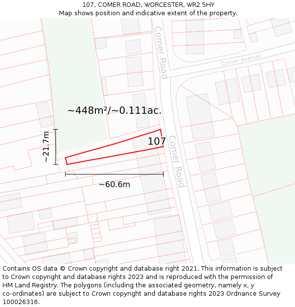 107, COMER ROAD, WORCESTER, WR2 5HY: Plot and title map