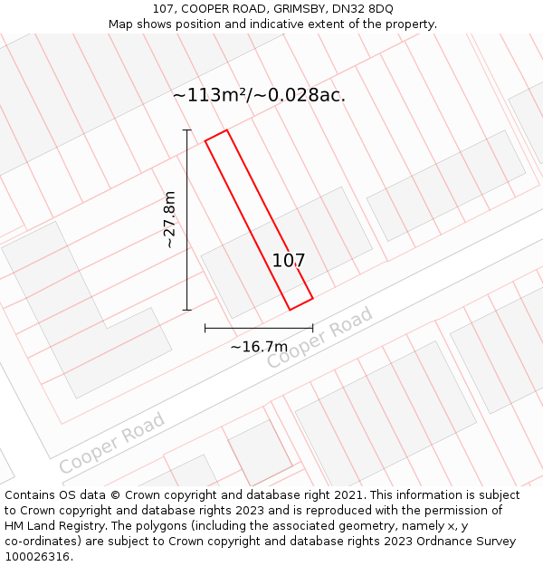107, COOPER ROAD, GRIMSBY, DN32 8DQ: Plot and title map