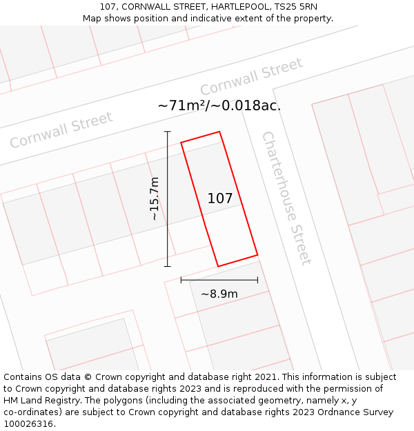 107, CORNWALL STREET, HARTLEPOOL, TS25 5RN: Plot and title map