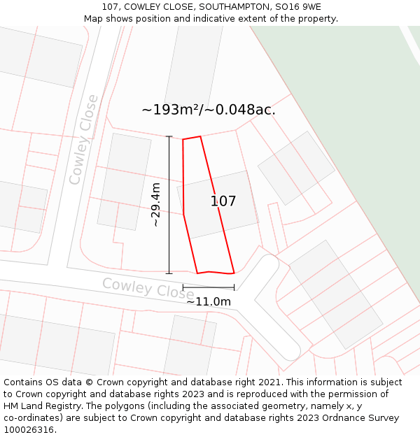107, COWLEY CLOSE, SOUTHAMPTON, SO16 9WE: Plot and title map