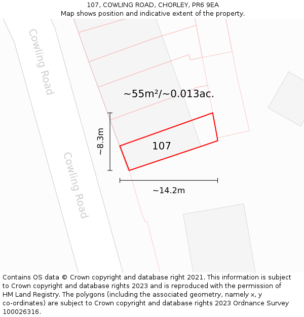 107, COWLING ROAD, CHORLEY, PR6 9EA: Plot and title map