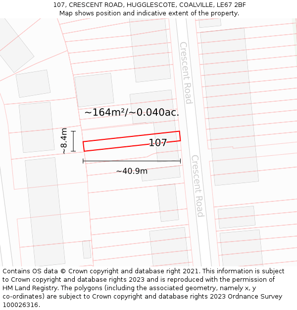 107, CRESCENT ROAD, HUGGLESCOTE, COALVILLE, LE67 2BF: Plot and title map