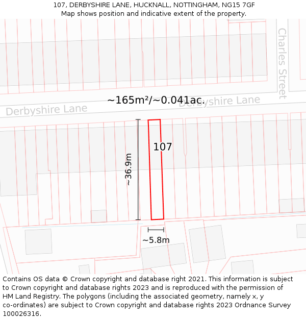 107, DERBYSHIRE LANE, HUCKNALL, NOTTINGHAM, NG15 7GF: Plot and title map
