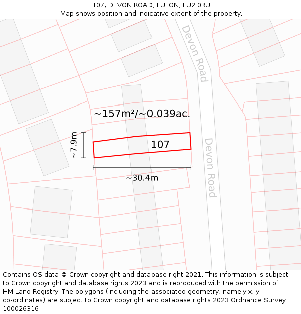 107, DEVON ROAD, LUTON, LU2 0RU: Plot and title map