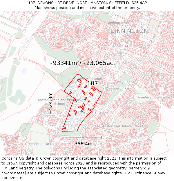 107, DEVONSHIRE DRIVE, NORTH ANSTON, SHEFFIELD, S25 4AP: Plot and title map