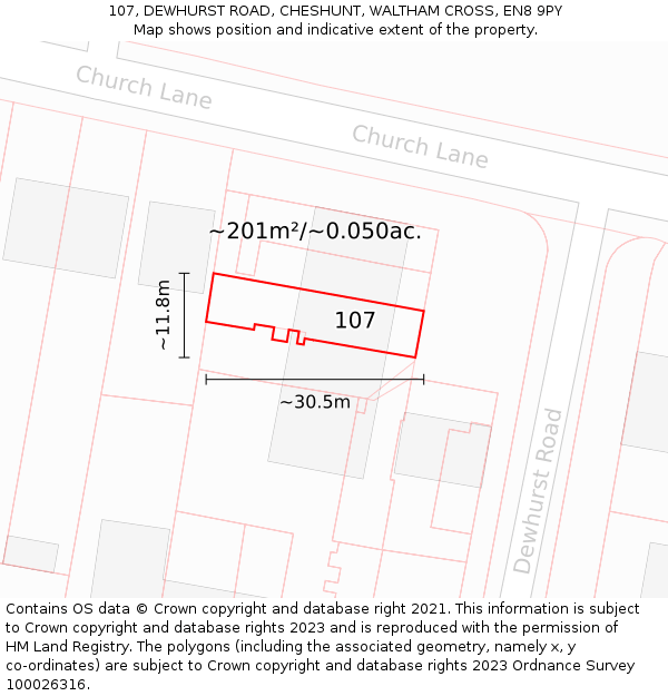 107, DEWHURST ROAD, CHESHUNT, WALTHAM CROSS, EN8 9PY: Plot and title map