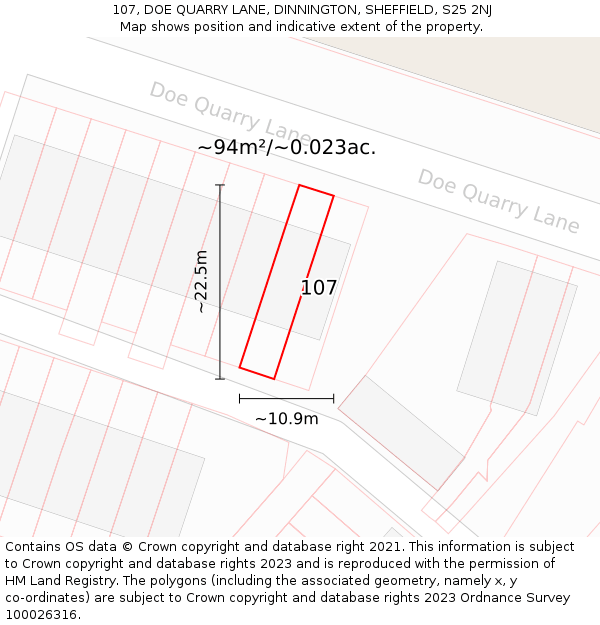 107, DOE QUARRY LANE, DINNINGTON, SHEFFIELD, S25 2NJ: Plot and title map