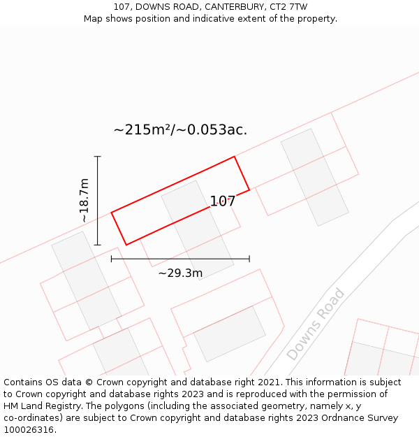 107, DOWNS ROAD, CANTERBURY, CT2 7TW: Plot and title map