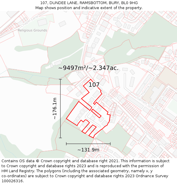 107, DUNDEE LANE, RAMSBOTTOM, BURY, BL0 9HG: Plot and title map