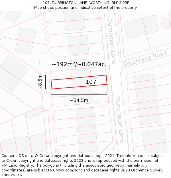 107, DURRINGTON LANE, WORTHING, BN13 2RF: Plot and title map