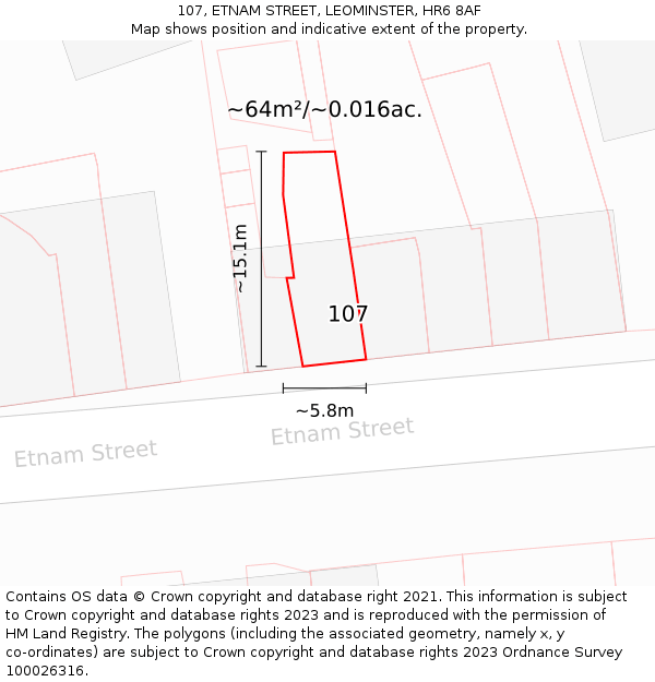 107, ETNAM STREET, LEOMINSTER, HR6 8AF: Plot and title map