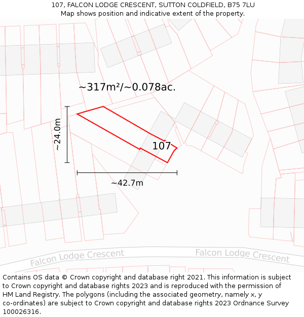 107, FALCON LODGE CRESCENT, SUTTON COLDFIELD, B75 7LU: Plot and title map