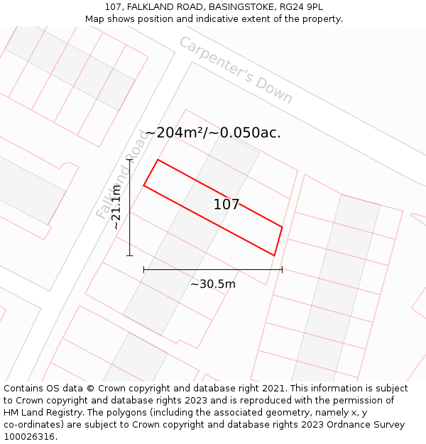 107, FALKLAND ROAD, BASINGSTOKE, RG24 9PL: Plot and title map