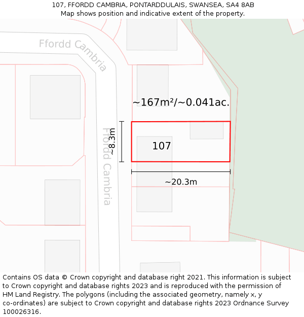107, FFORDD CAMBRIA, PONTARDDULAIS, SWANSEA, SA4 8AB: Plot and title map