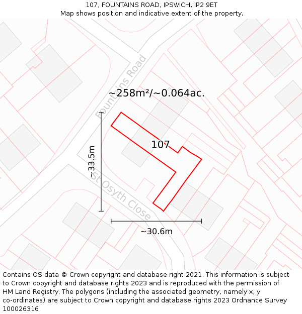 107, FOUNTAINS ROAD, IPSWICH, IP2 9ET: Plot and title map