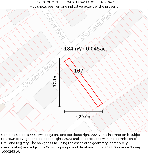 107, GLOUCESTER ROAD, TROWBRIDGE, BA14 0AD: Plot and title map