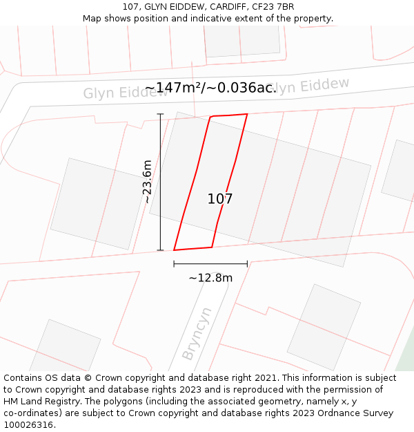 107, GLYN EIDDEW, CARDIFF, CF23 7BR: Plot and title map