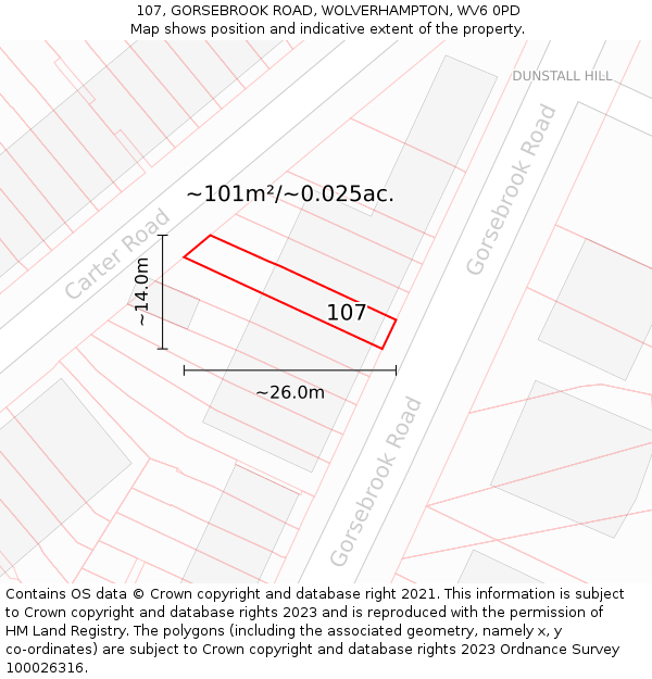 107, GORSEBROOK ROAD, WOLVERHAMPTON, WV6 0PD: Plot and title map