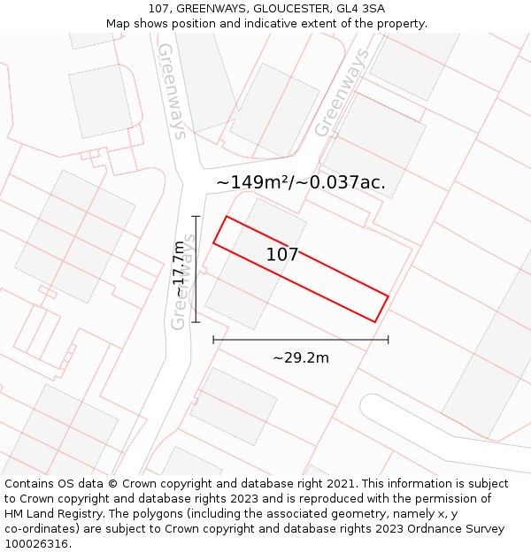 107, GREENWAYS, GLOUCESTER, GL4 3SA: Plot and title map