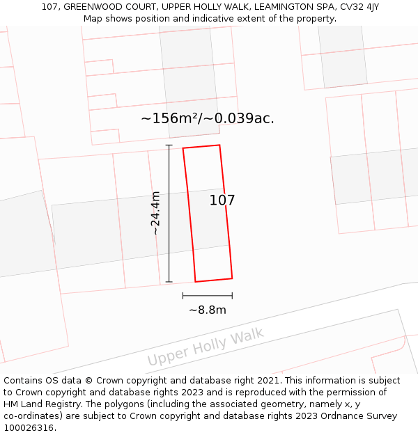 107, GREENWOOD COURT, UPPER HOLLY WALK, LEAMINGTON SPA, CV32 4JY: Plot and title map