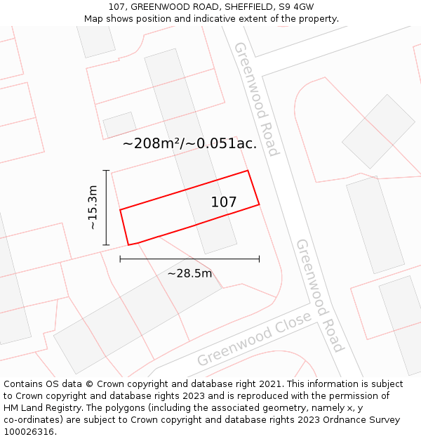 107, GREENWOOD ROAD, SHEFFIELD, S9 4GW: Plot and title map