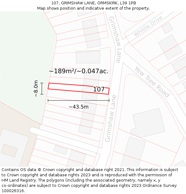 107, GRIMSHAW LANE, ORMSKIRK, L39 1PB: Plot and title map