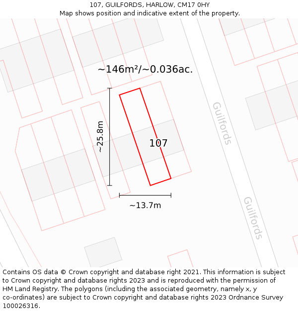 107, GUILFORDS, HARLOW, CM17 0HY: Plot and title map