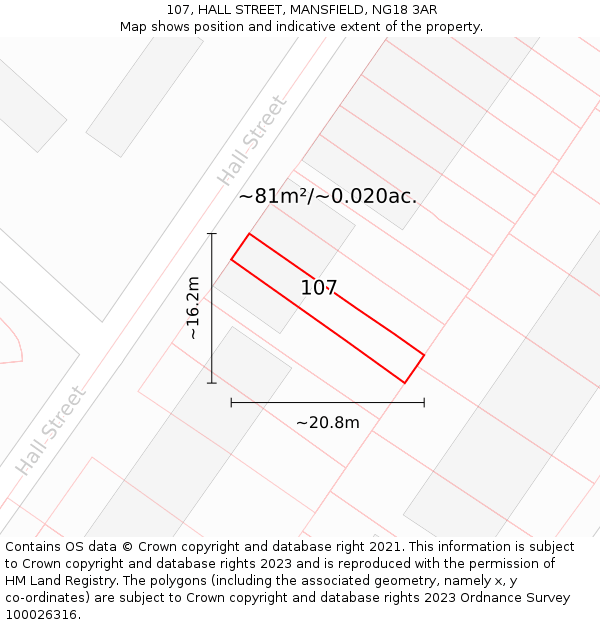 107, HALL STREET, MANSFIELD, NG18 3AR: Plot and title map