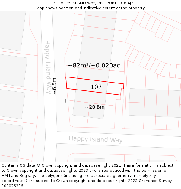 107, HAPPY ISLAND WAY, BRIDPORT, DT6 4JZ: Plot and title map