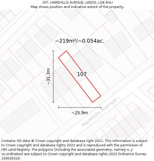 107, HAREHILLS AVENUE, LEEDS, LS8 4HU: Plot and title map