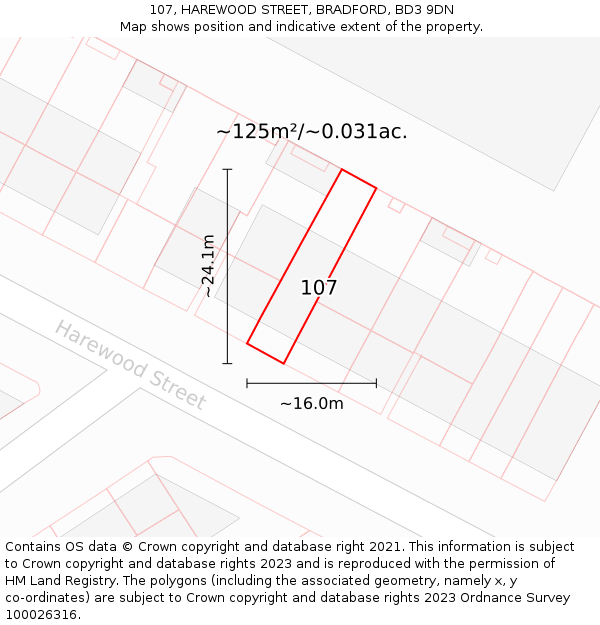 107, HAREWOOD STREET, BRADFORD, BD3 9DN: Plot and title map