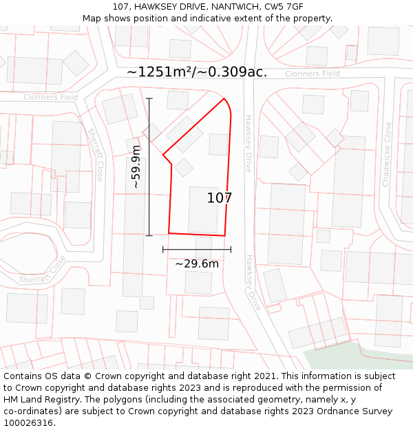 107, HAWKSEY DRIVE, NANTWICH, CW5 7GF: Plot and title map