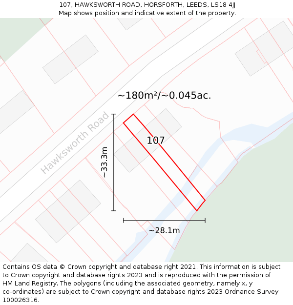 107, HAWKSWORTH ROAD, HORSFORTH, LEEDS, LS18 4JJ: Plot and title map