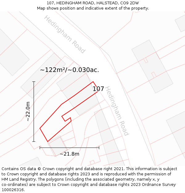 107, HEDINGHAM ROAD, HALSTEAD, CO9 2DW: Plot and title map
