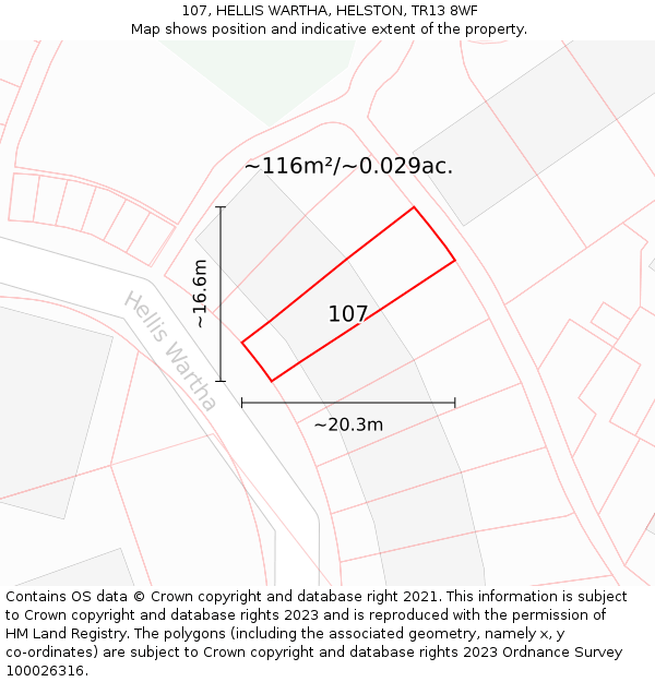 107, HELLIS WARTHA, HELSTON, TR13 8WF: Plot and title map