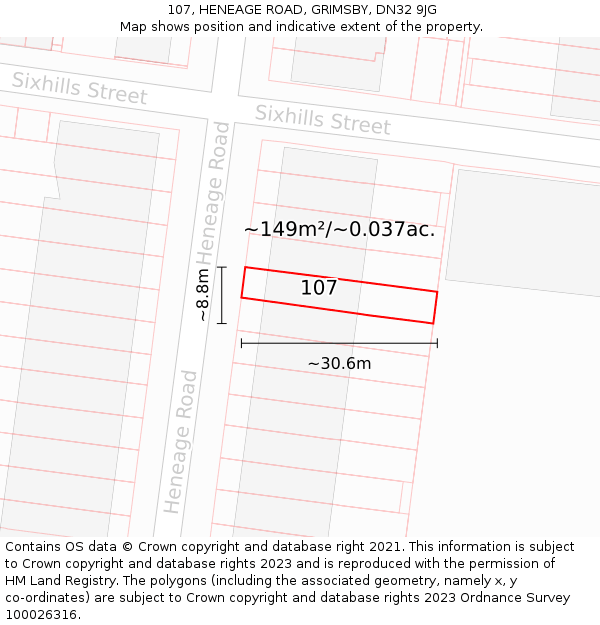 107, HENEAGE ROAD, GRIMSBY, DN32 9JG: Plot and title map