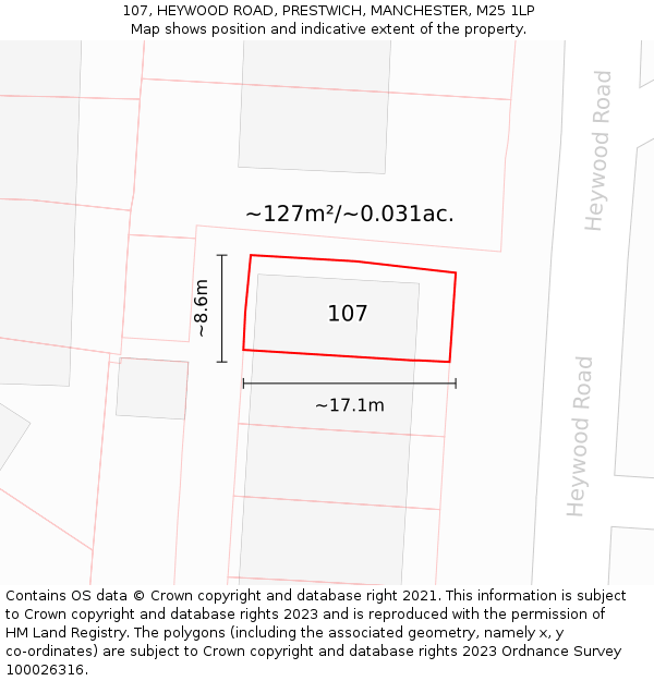 107, HEYWOOD ROAD, PRESTWICH, MANCHESTER, M25 1LP: Plot and title map