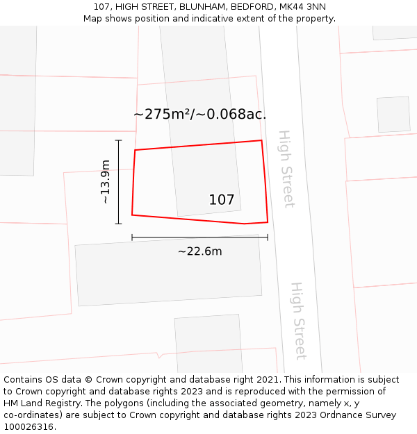 107, HIGH STREET, BLUNHAM, BEDFORD, MK44 3NN: Plot and title map