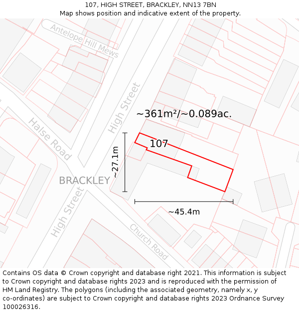 107, HIGH STREET, BRACKLEY, NN13 7BN: Plot and title map