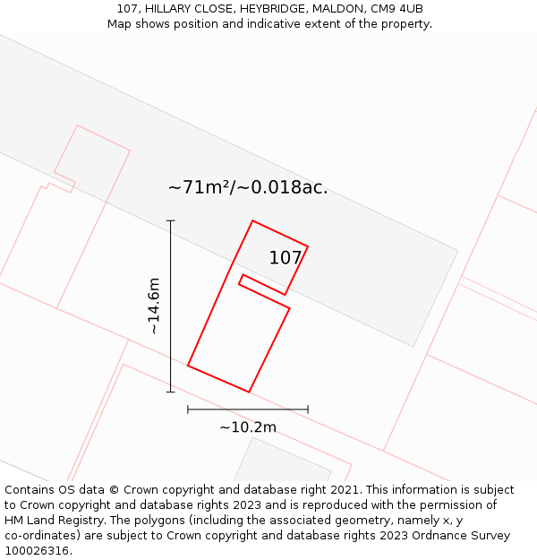 107, HILLARY CLOSE, HEYBRIDGE, MALDON, CM9 4UB: Plot and title map