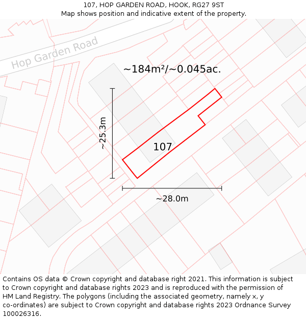 107, HOP GARDEN ROAD, HOOK, RG27 9ST: Plot and title map