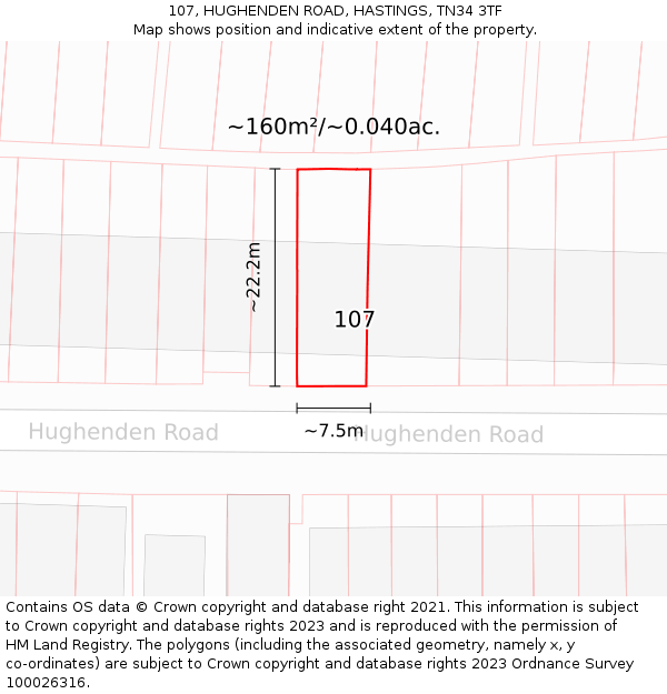 107, HUGHENDEN ROAD, HASTINGS, TN34 3TF: Plot and title map