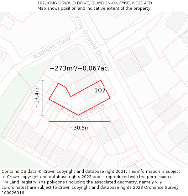 107, KING OSWALD DRIVE, BLAYDON-ON-TYNE, NE21 4FD: Plot and title map