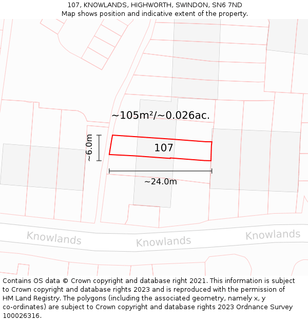 107, KNOWLANDS, HIGHWORTH, SWINDON, SN6 7ND: Plot and title map