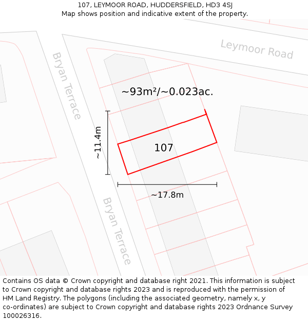 107, LEYMOOR ROAD, HUDDERSFIELD, HD3 4SJ: Plot and title map