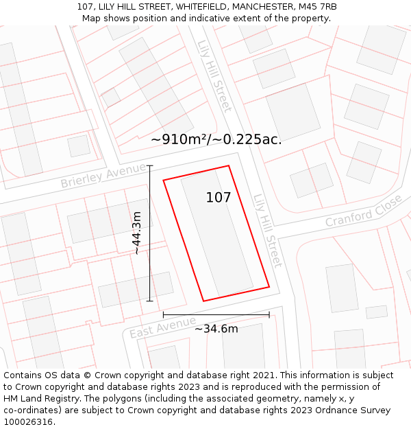 107, LILY HILL STREET, WHITEFIELD, MANCHESTER, M45 7RB: Plot and title map