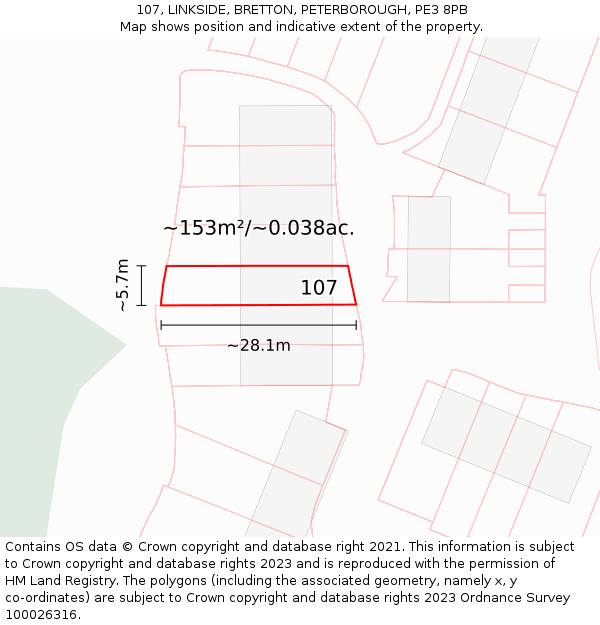 107, LINKSIDE, BRETTON, PETERBOROUGH, PE3 8PB: Plot and title map