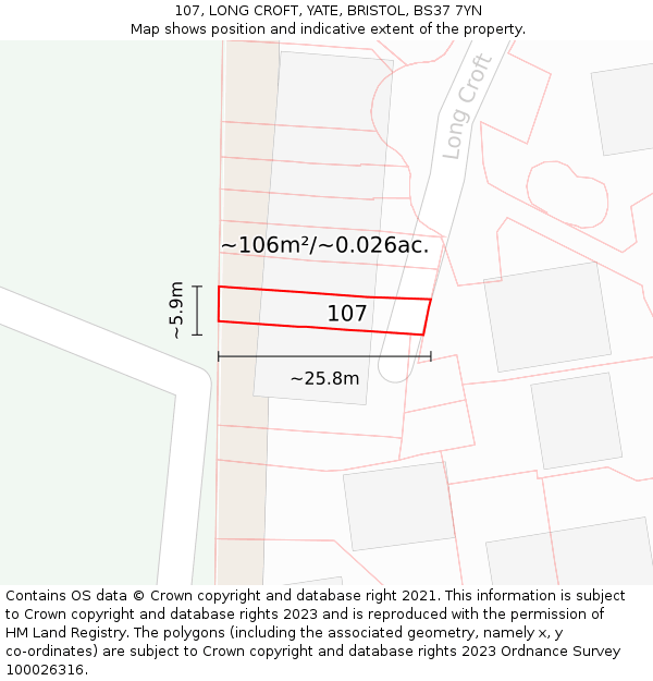 107, LONG CROFT, YATE, BRISTOL, BS37 7YN: Plot and title map