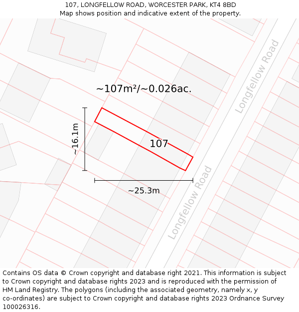 107, LONGFELLOW ROAD, WORCESTER PARK, KT4 8BD: Plot and title map