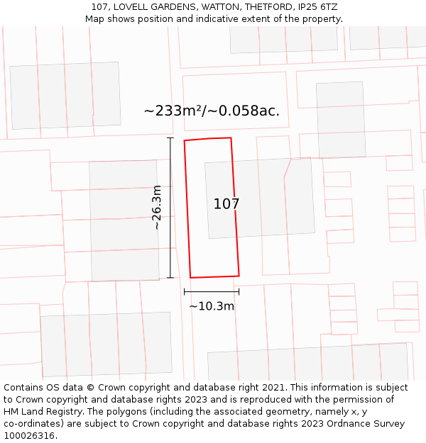 107, LOVELL GARDENS, WATTON, THETFORD, IP25 6TZ: Plot and title map